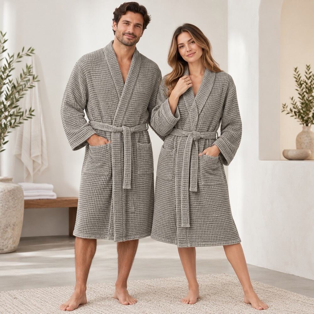 Parachute Waffle Bath Robe Gray 100% Cotton Spa Kimono Belted Size Large Unisex